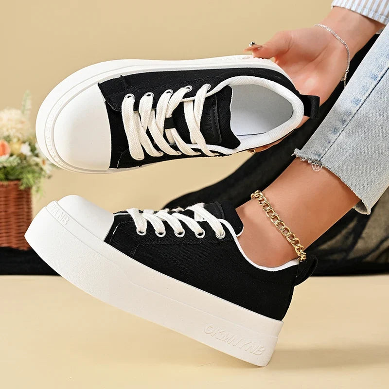 Korean Round Toe Platform Sneakers Women 2026 Autumn Lace Up Thick Bottom Vulcanized Shoes Woman Plus Size 43 Non Slip Sneakers