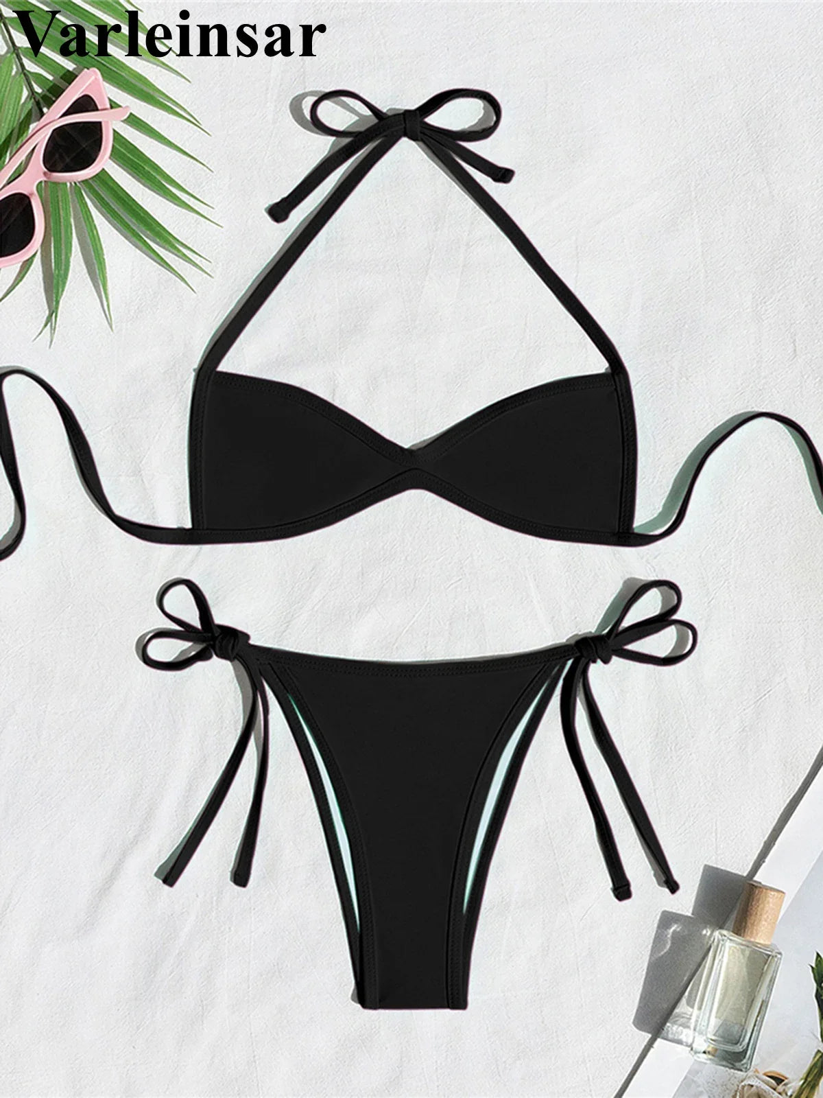 XS - L Halter High Leg Cut Bikini Female Swimsuit Women Swimwear Two-Pieces Bikini Set Strappy Bather Bathing Suit Swim V8276