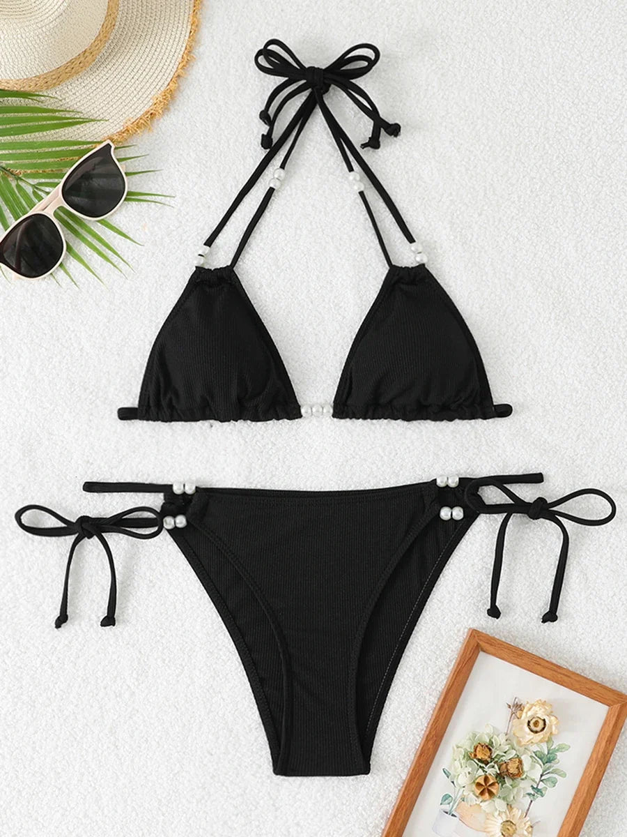 2026 String Triangle Printed Bikini Women Sexy Swimwear Female Halter Swimsuit Solid Bathers Bathing Swimming Swim Suit Beach