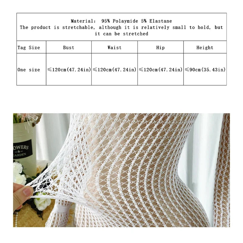 Women Sheer Mesh Long Sleeve Beach Cover Up, Sexy See-Through Fishnet Dress, Solid Bodycon  For Summer Beach Party