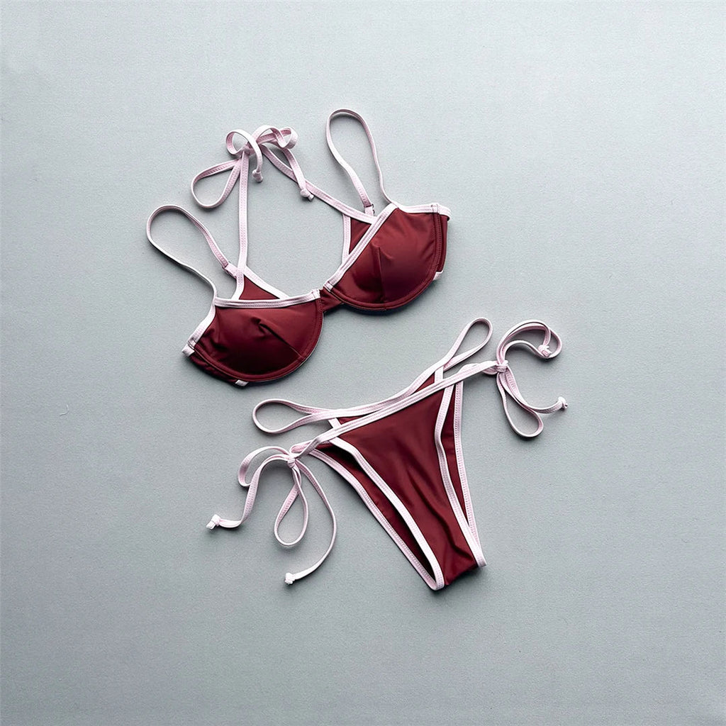 Halter Splicing Bikini Female Swimsuit Women Swimwear Two-pieces Bikini Set Underwired Strappy Bather Bathing Suit Swim V8173