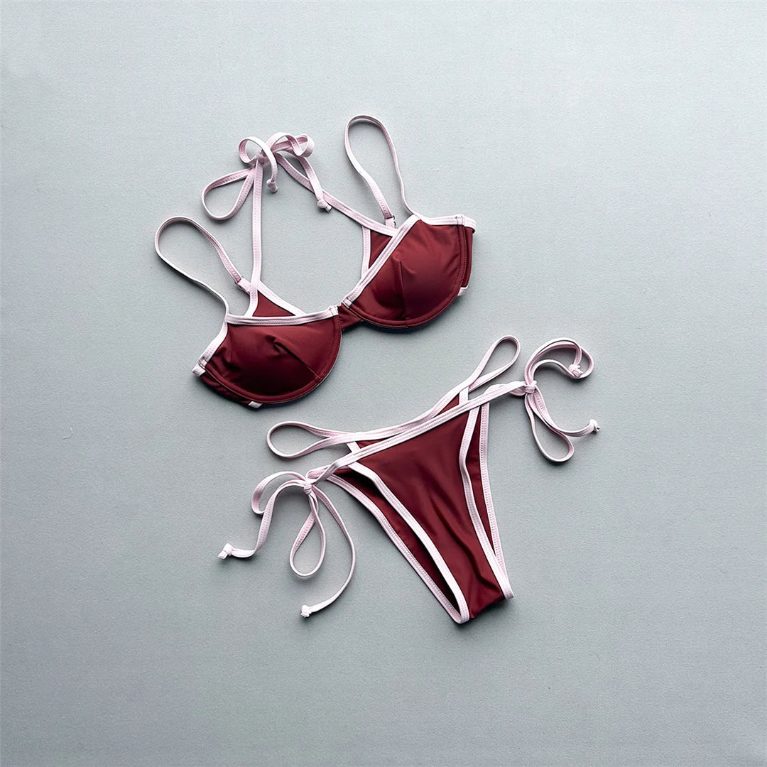 Halter Splicing Bikini Female Swimsuit Women Swimwear Two-pieces Bikini Set Underwired Strappy Bather Bathing Suit Swim V8173