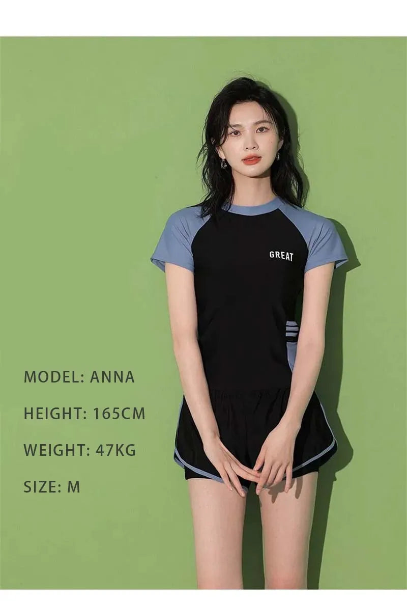 Fashion Women's Swimming Suit Ladies Patchwork Short Sleeve Swimwear Sports Pool Beachwear Two Piece Swimsuit With Shorts