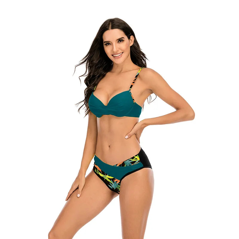 4 Colors Sexy Bikini Women Push Up Swimwear Swimsuit Leaf Print Patchwork Bikinis Set Bathing Suit Beach Bikini Female Biquinis