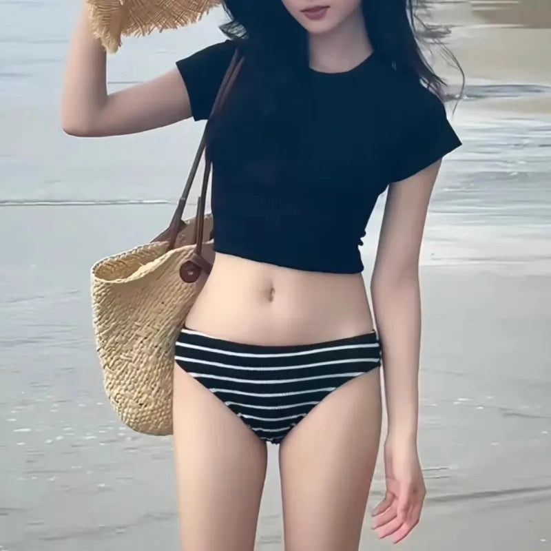 New Bikini Three Piece Set with Short Sleeves for Slimming and Sexy Swimsuit for Women's Vacation Beach Swimsuit