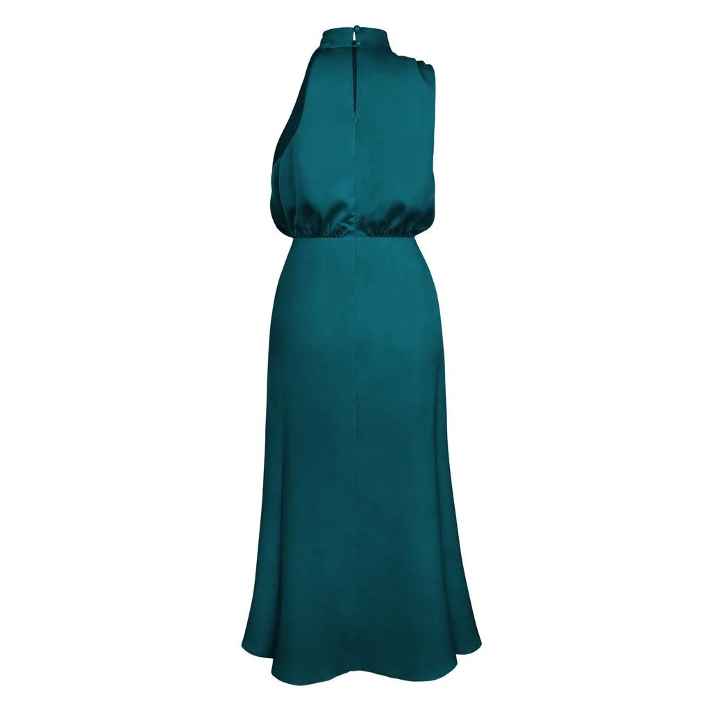 Foridol One Shoulder Turtleneck Tank Satin Women Party Dress Robe Zip Sleeveless Elegant Vintage Folds Women Clothing 2025