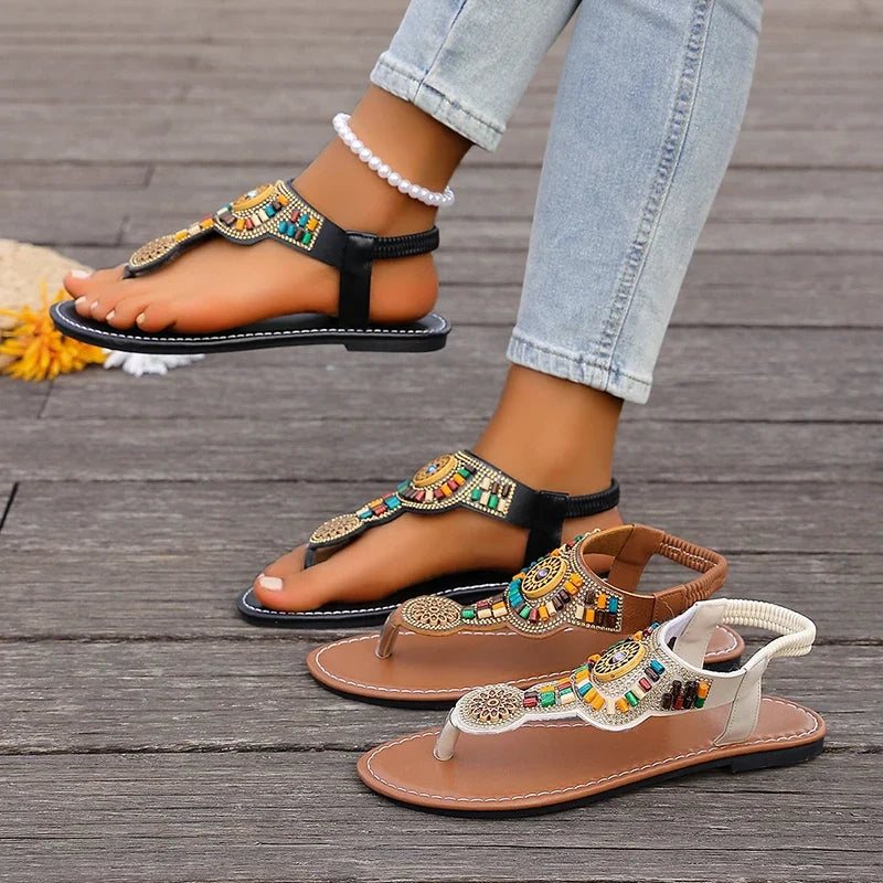 Bohemia Style Flat Heel Sandals for Women Fashion Bead Clip Toe Beach Sandles Woman Plus Size 43 Lightweight Gladiator Sandalias