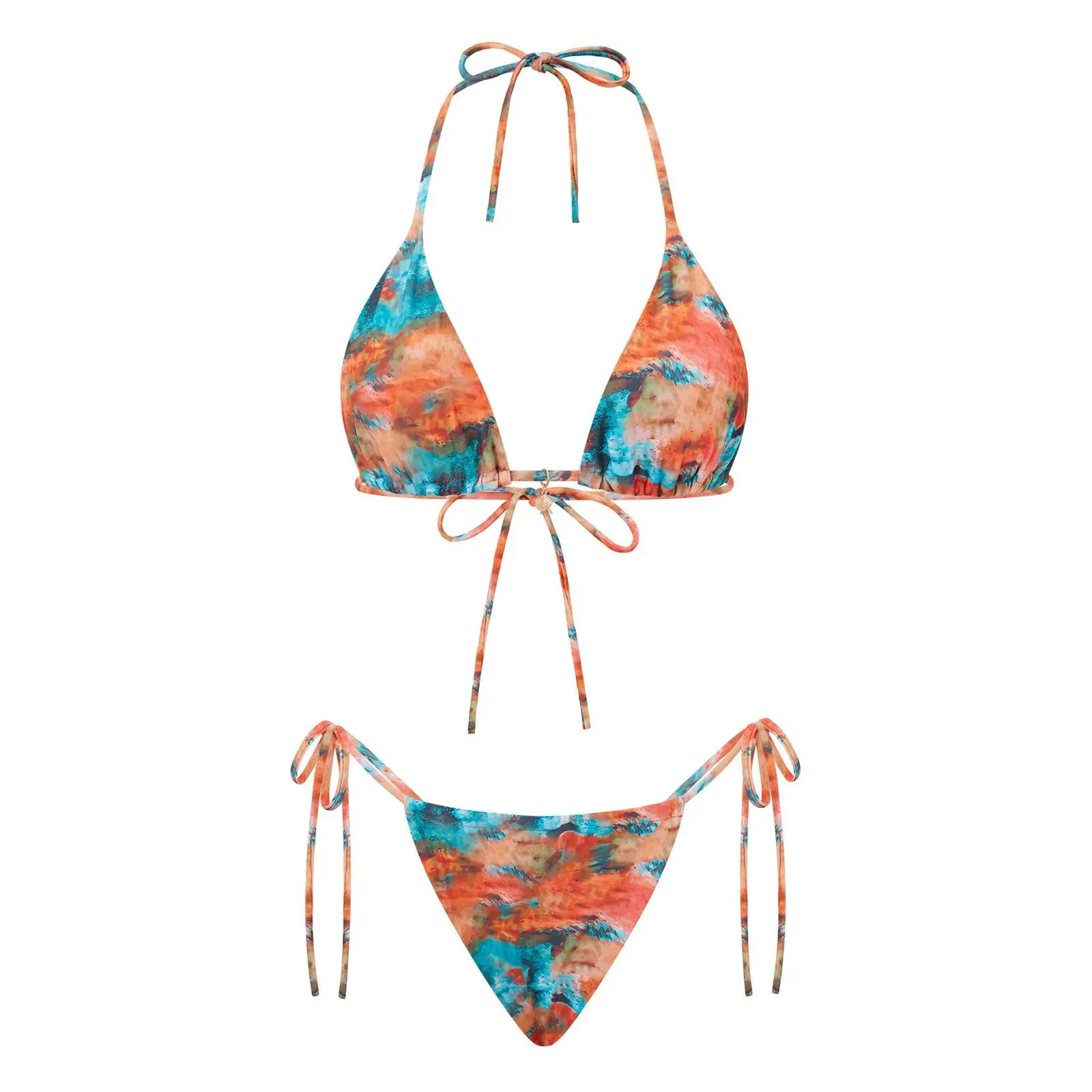 Combhasaki Women's Y2K Goth 2Pieces Tie-up Bathing Suits Sleeveless Halter Neck Backless Floral Bra + Low Waist Thong Swimsuits
