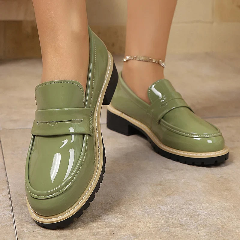 Patent Leather Thick Heels Loafers Women Spring New Mixed Color Med Heel Office Pumps Woman Plus Size 43 Slip On Single Shoes