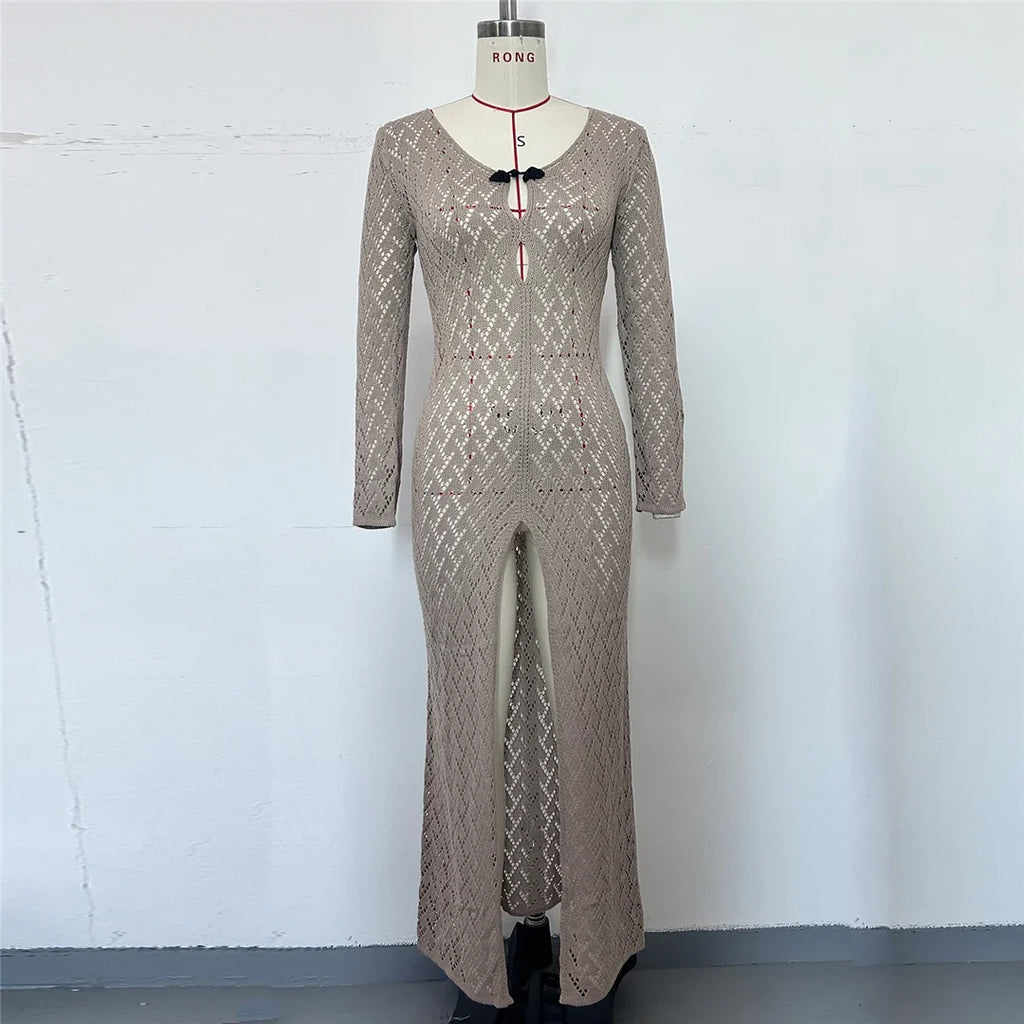 3 Colors Long Sleeve Cut Out Crochet Knitted Tunic Beach Cover Up Cover-ups Beach Dress Beach Wear Beachwear Female Women K6536