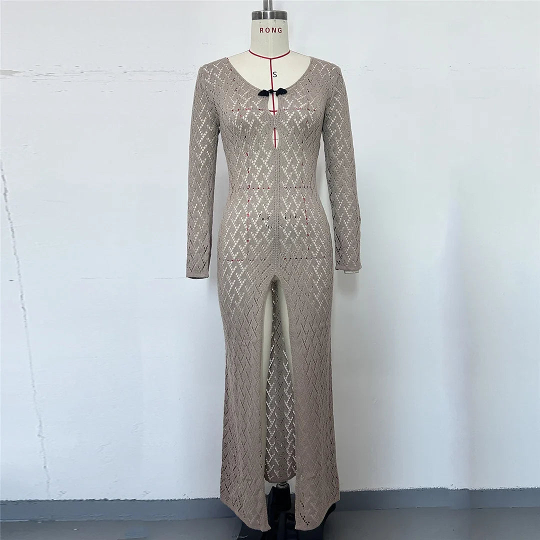 3 Colors Long Sleeve Cut Out Crochet Knitted Tunic Beach Cover Up Cover-ups Beach Dress Beach Wear Beachwear Female Women K6536