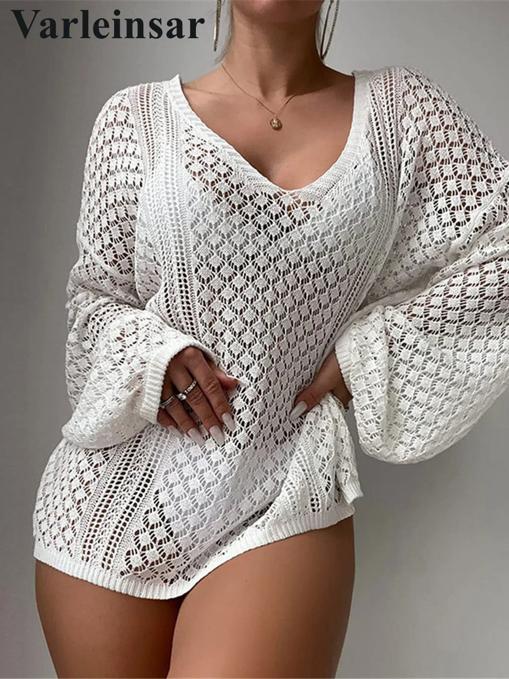 S - XL New V Neck Long Sleeve Crochet Knitted Tunic Beach Cover Up Cover-ups Beach Dress Beach Wear Beachwear Female Women V8284
