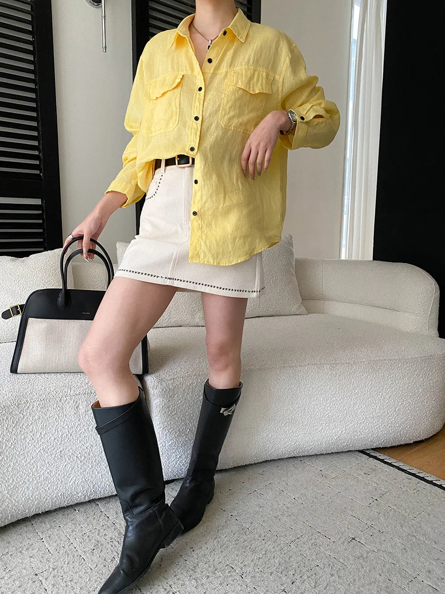 Women White Linen Blend Button Down Shirt Turn Down Collar Chest Pocket Loose Fit Blouse For Summer And Vacation Outfit KY7U
