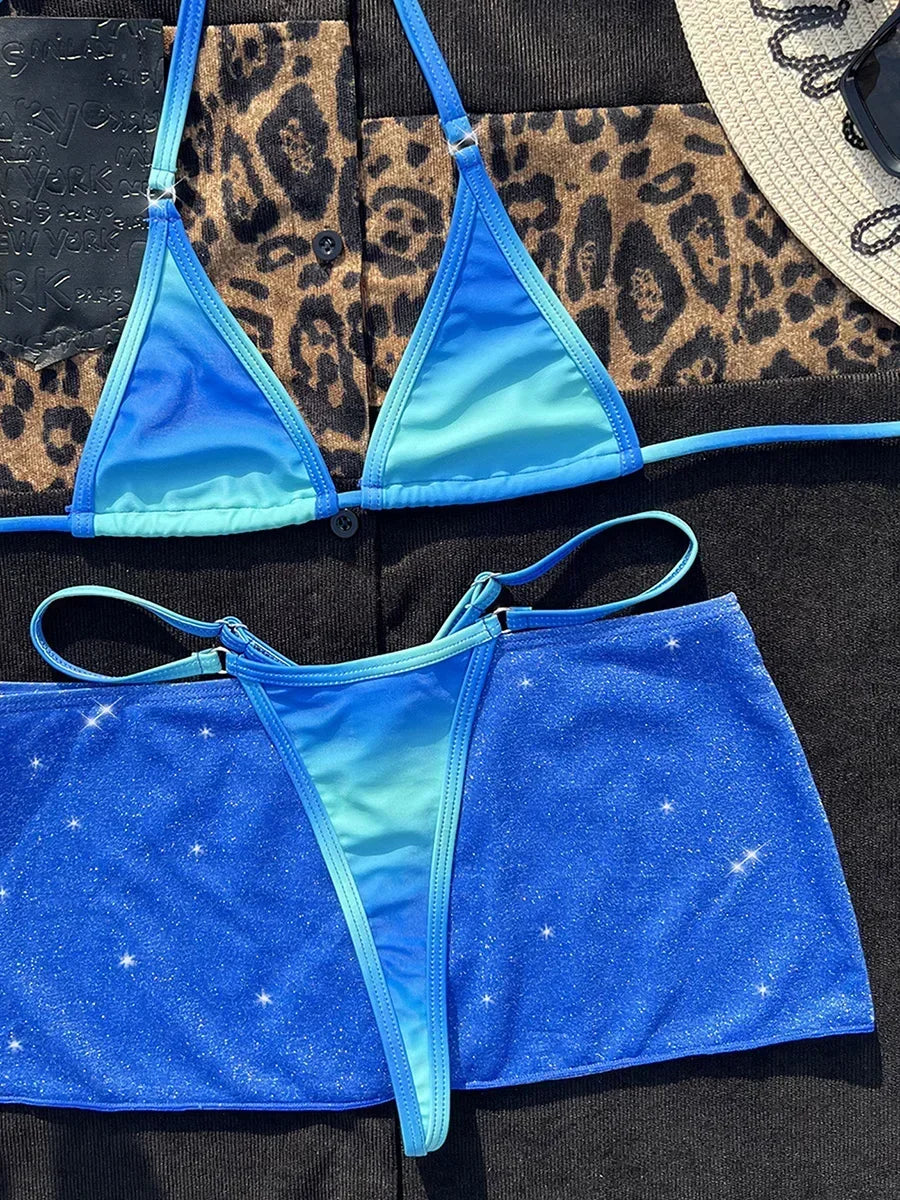 With Skirt Halter Mini Micro String Thong Bikini Female Swimsuit Women Swimwear Three-pieces Bikini Set Bather Bathing Suit Swim