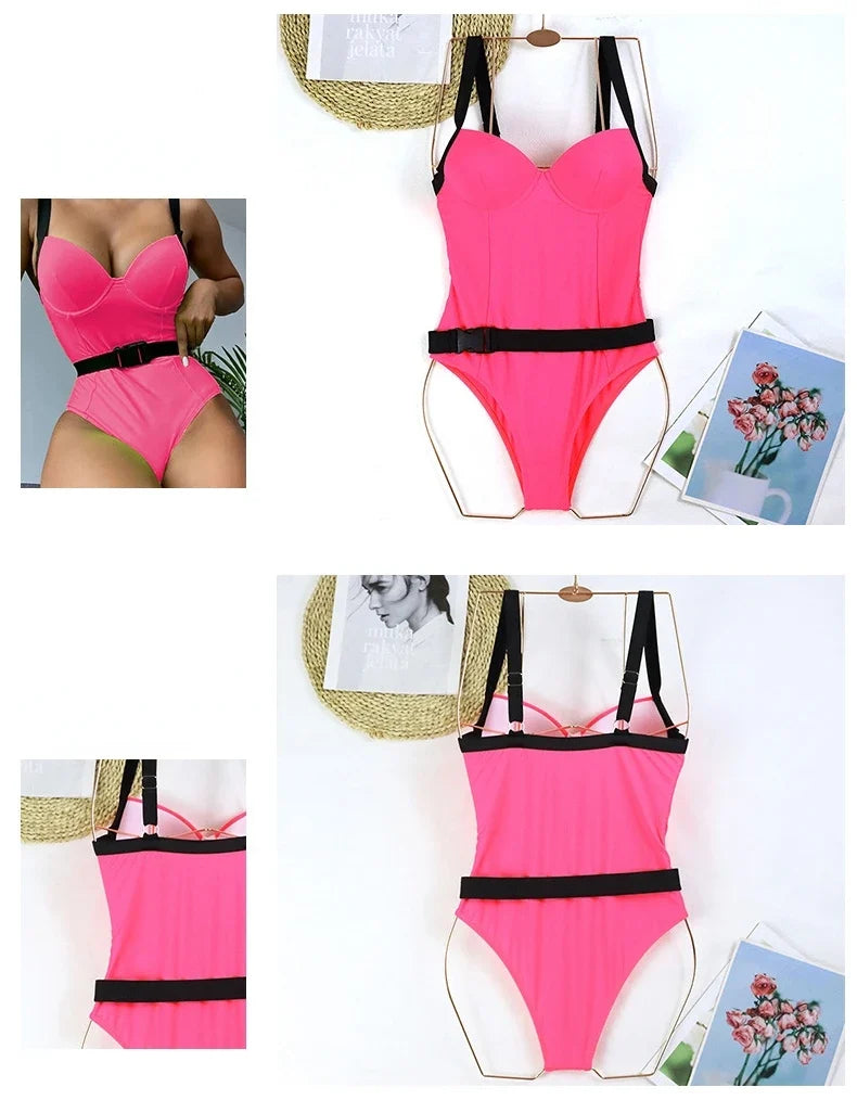 2026 New One Piece Swimsuit Swimwear Women Sexy Push Up Solid Bathing Suit Beachwear with Removable Belt Costumi Da Bagno Donna