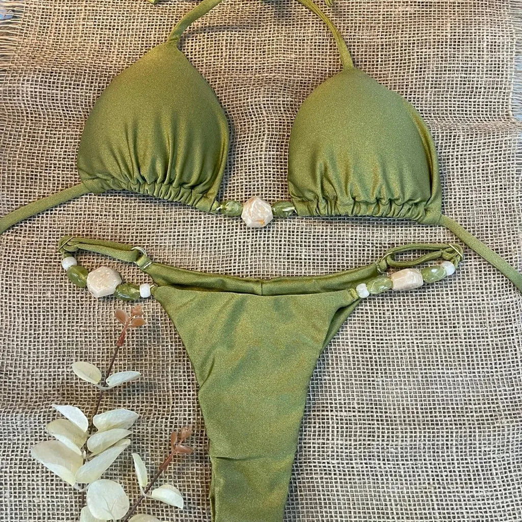 Shiny Halter High Cut Beads Bikini Women Swimwear Female Swimsuit Two-pieces Bikini Set Bather Bathing Suit Swim Lady Beach Wear