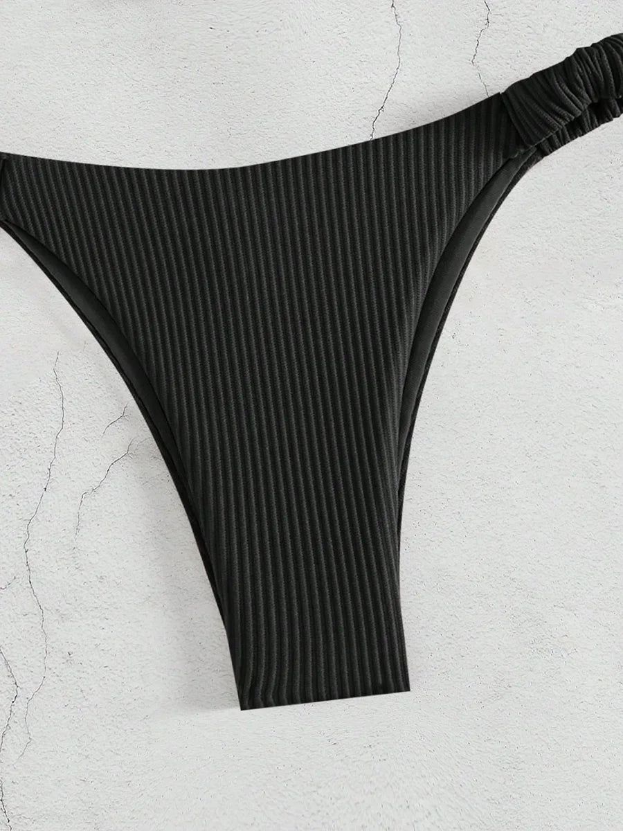 Front Knotted Metal Strap Ribbed Bikini Women Swimwear Female Swimsuit Two Pieces Bikini Set High Cut Bathing Suit Swim Beach