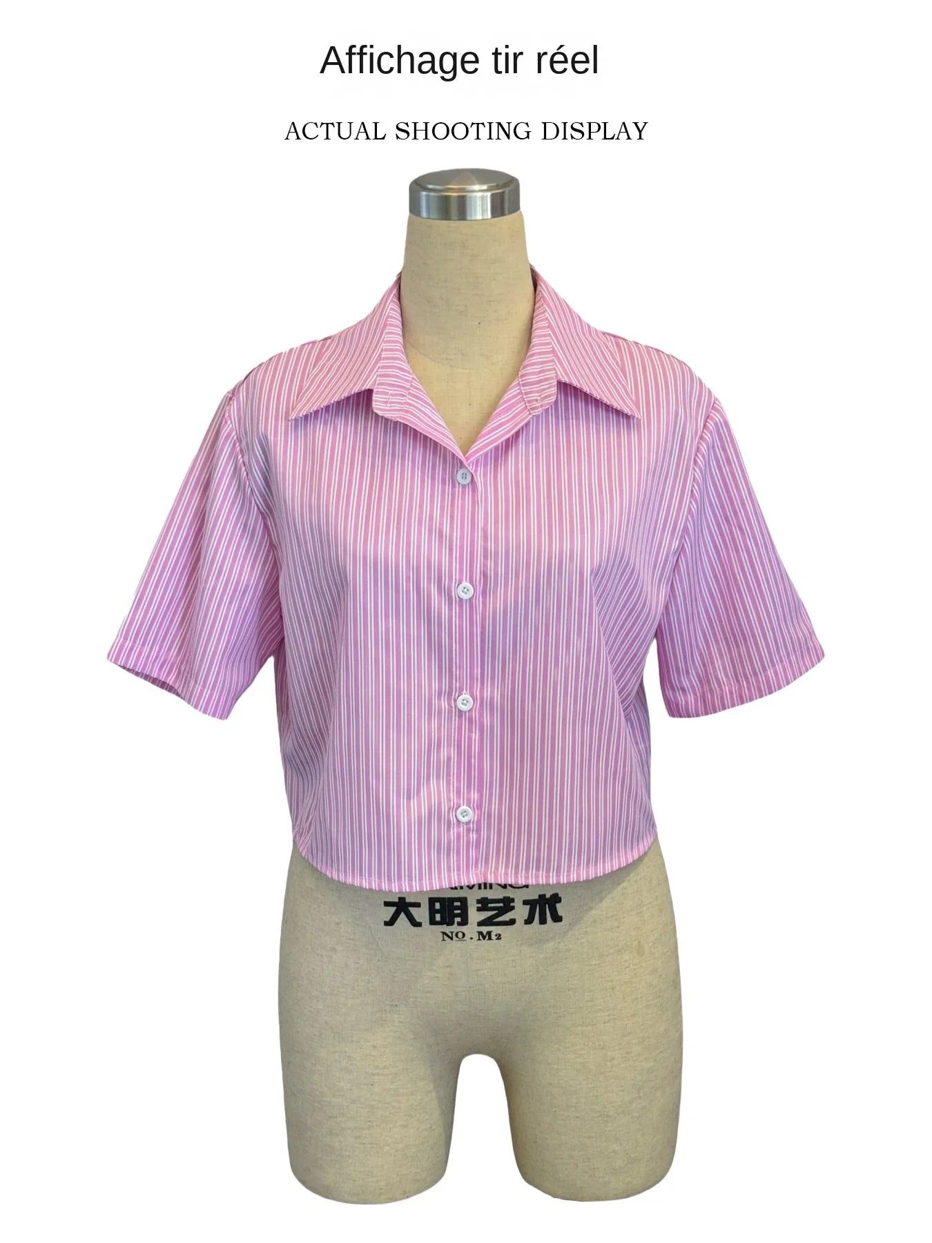 Y2K Style Pink Striped Crop Blouse for Women Short Sleeve Lapel Button-Up Women's Shirt Back Tie Top Lady Summer Casual Outfit