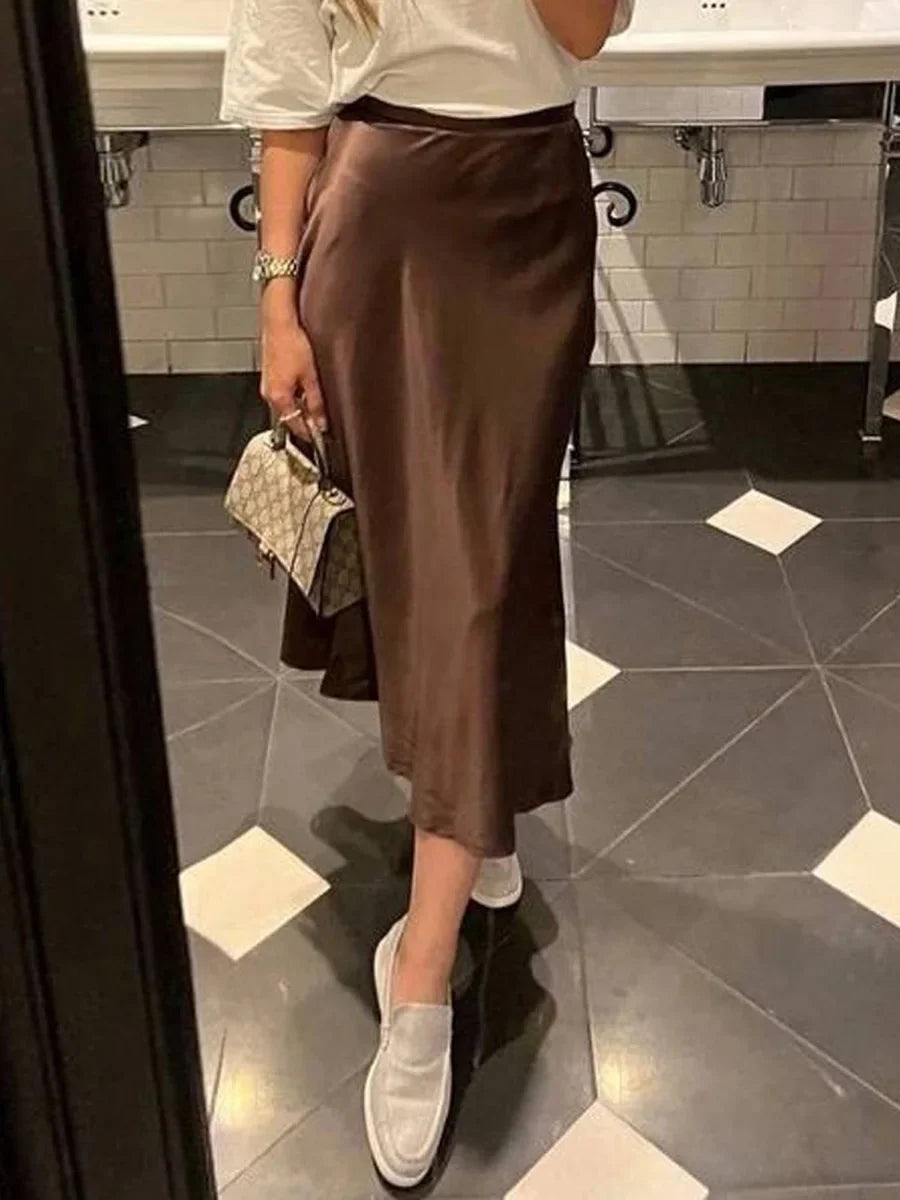 Women's Summer High Waist Skirt Solid Color Long Satin Skirt for Travel, Beach, Shopping