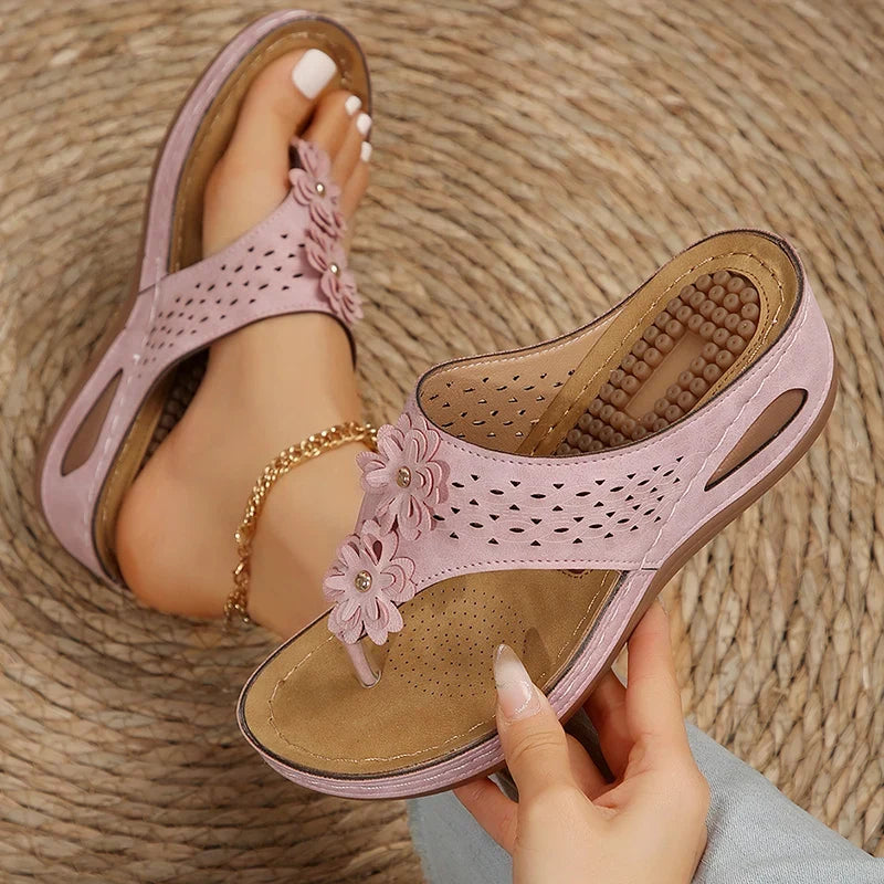 Pink Flower Wedge Heel Flip Flops Women Summer Massage Sole Clip Toe Platform Slippers Woman Light Thick Bottom Beach Sandals