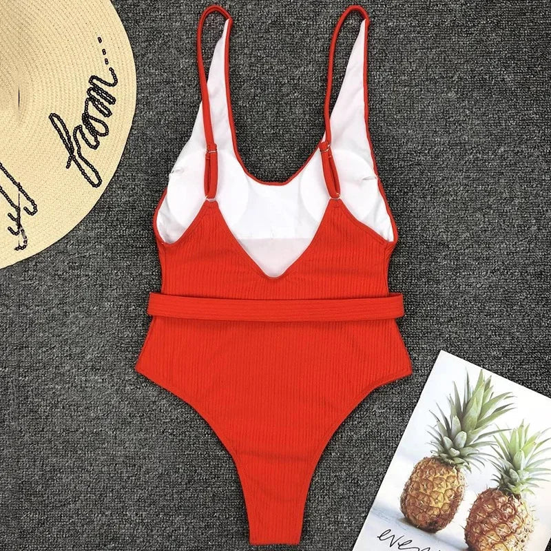 V Neck Ribbed High Cut Women Swimwear One Piece Swimsuit Female Backless Monokini with Waist Belt Bathing Suit Swim Beachwear
