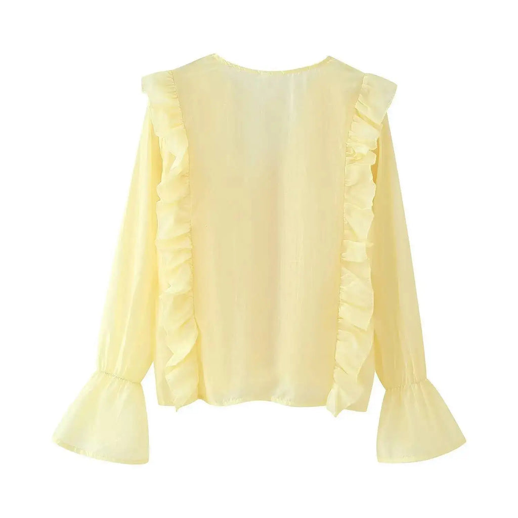 Women's Layered Bell Sleeve Blouse Yellow Ruffled Sheer Blouse V Neck Tie Front Long Sleeve Casual Top With Puffed Sleeves BLZW