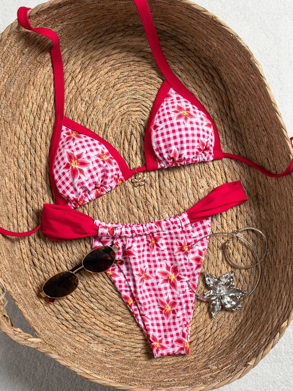 2026 Summer Women's Micro Bikini Set Floral Print Push Up Thong Bathing Suit Beachwear Sexy Halter Lace-up Swimsuit Holiday Look