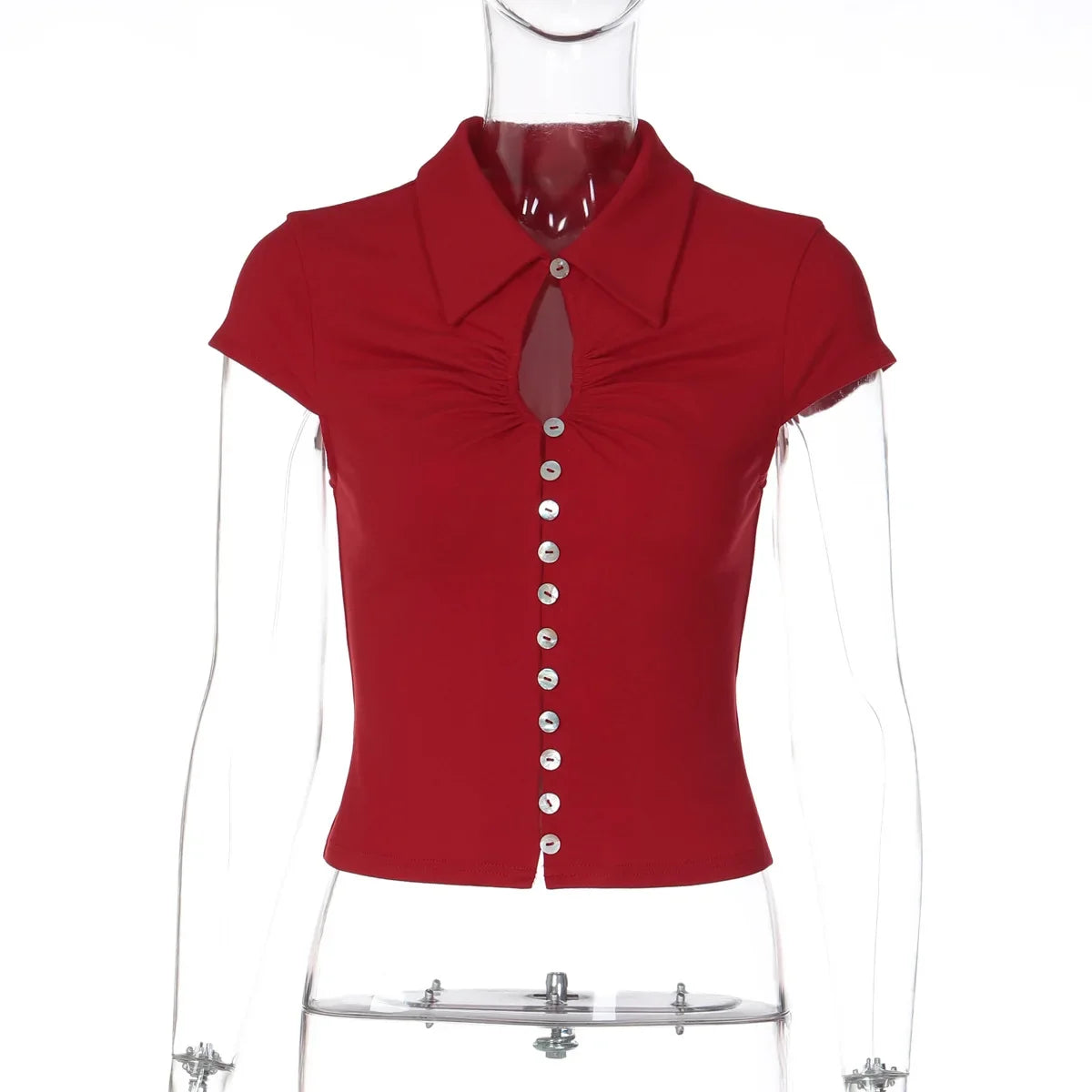 FDYOUI 2026 Women's T-shirts Turn-down Collar Single Breasted Short Sleeve Crop Tops Female Hollow Out Red Tee Shirt Streetwear
