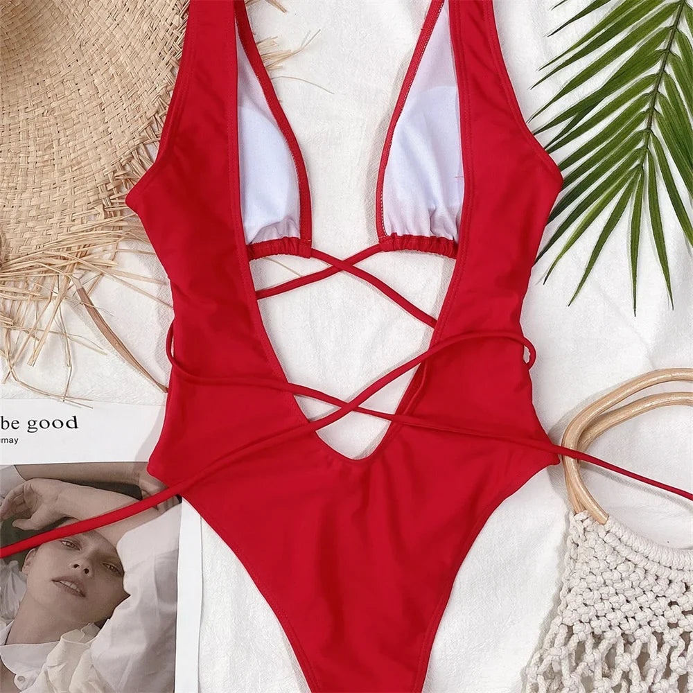 Sexy Red Swimsuit Micro String Bikini Hollow Out Backless Monokini Women One-Piece Vacation Swimwears Bikinis Beach Bathing Suit