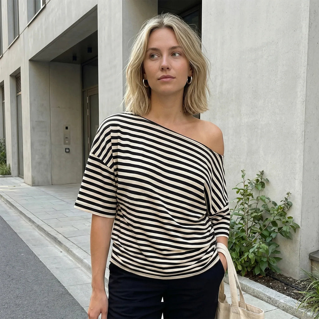 Women Elegant Summer Off One Shoulder Tops Striped Short Sleeve Loose Fit Basic T Shirts for Daily Wear