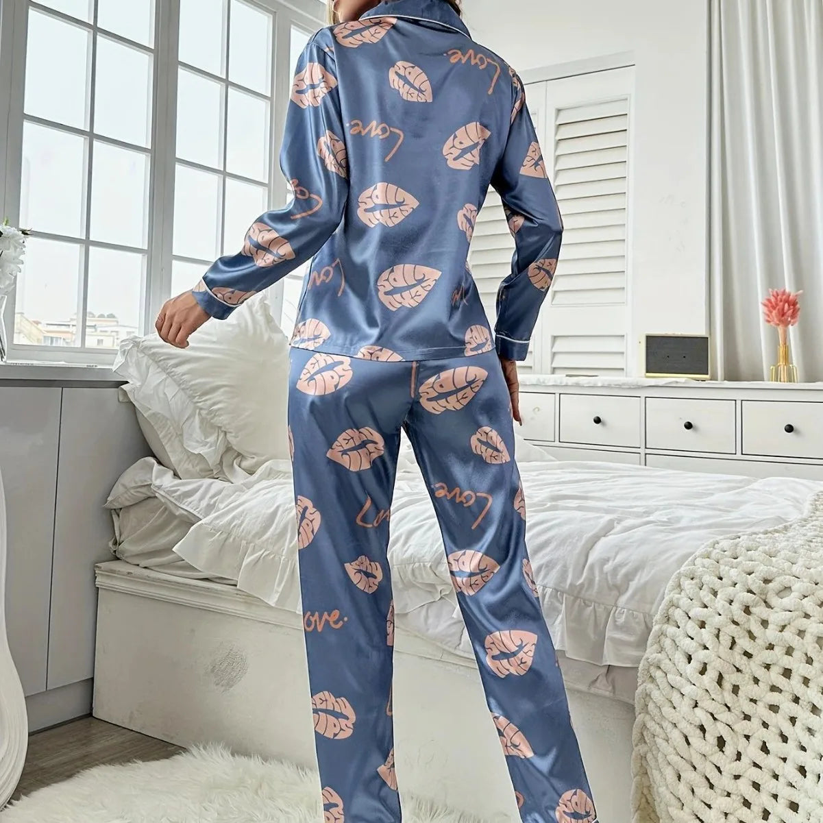 Home wear pajamas ice silk long sleeves trousers thin pajamas