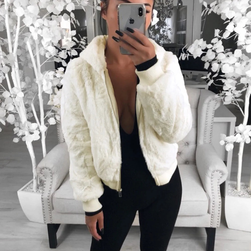 Phantasy Women's Hoodies Women Clothing Streetwear New Style Fashion Hooded Imitation Fur Plush Coat Solid Color Jacket Female