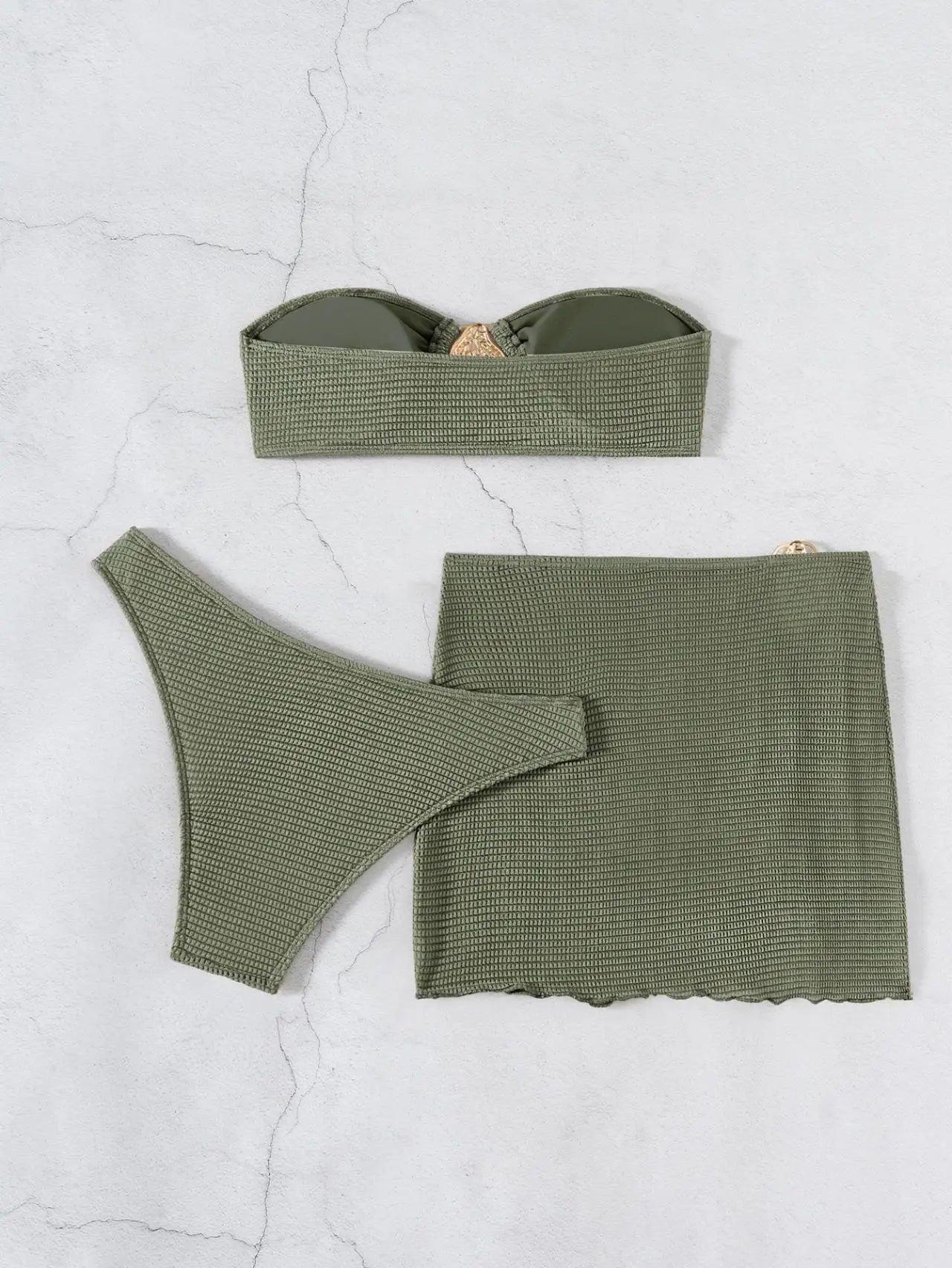Sexy Bandeau Bikini Women Coffee Metal Water Droplet Ornament Push Up Mesh Skirt 3 Piece Swimsuit Beach Bathing Suit Swimwear
