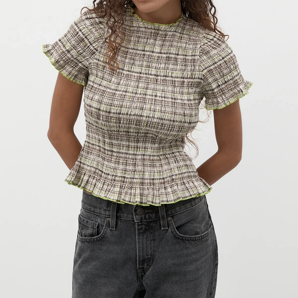 Women Casual Summer Plaid Print Shirred Tops Slim Mock Neck Short Sleeve Crop Ruffle T-shirts Streetwear