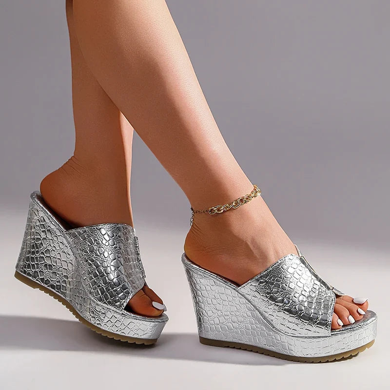 Women's Gold Wedges Sandals Summer 2026 Fashion Peep Toe Thick Platform Sandles Women Plus Size 42 Chunky Heels Slippers Woman