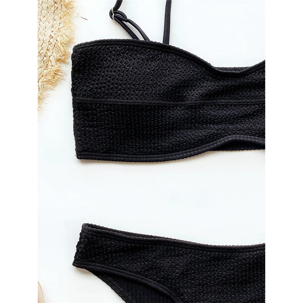 New Sexy Wrinkled Mid Waist Padded  Bikini Women Swimwear Female Swimsuit Two-Pieces Bikini Set Bather Bathing Suit Swim V3163