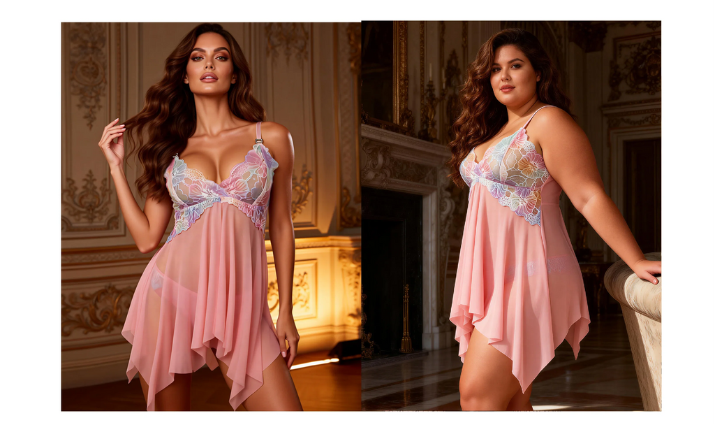 Pink Mesh Print Lace Sleep Dress for Women See Through Midi Nightgown with Panties Plus Size S-4XL