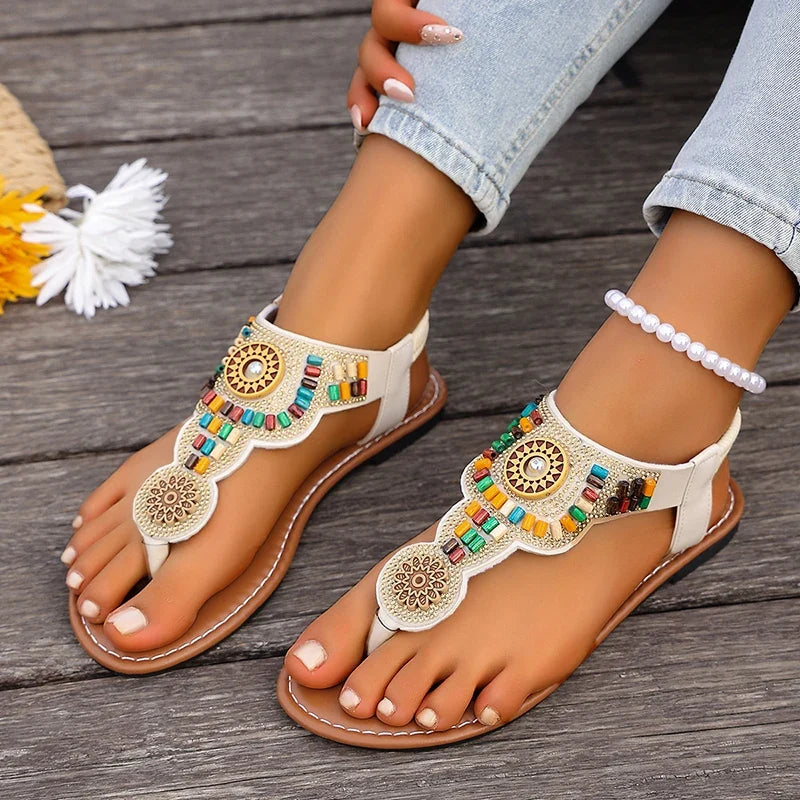 Bohemia Style Flat Heel Sandals for Women Fashion Bead Clip Toe Beach Sandles Woman Plus Size 43 Lightweight Gladiator Sandalias