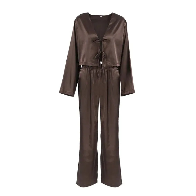 2026 New Women's Home Clothes Open Cardigan Belted Sleepwear Loose Long Sleeve Long Pant Smooth Comfort Spring Street Style