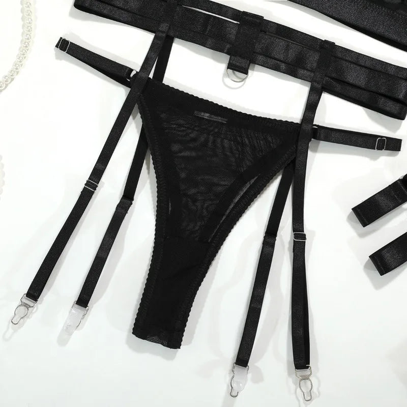 Toucheart Sexy Mesh Patchwork Halter Bra Set For Women Solid Color Hot Girl Girdle Garter Belt Micro See-through Underwear Set