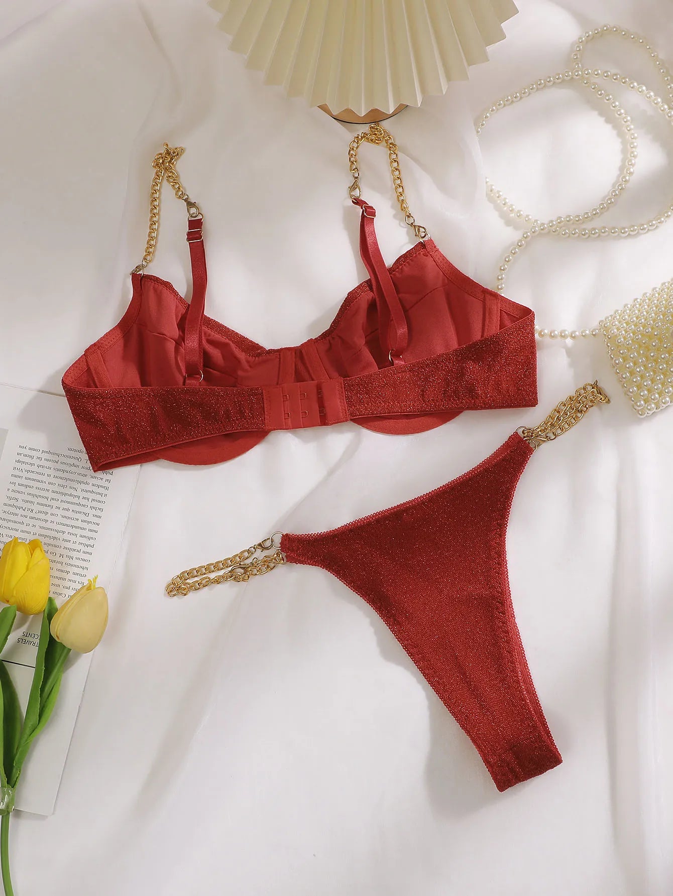 Women Glitter Lingerie Set Metal Chain Strap Underwire Bra And Thong 2‑Pcs Sexy Intimate Lingerie Set U1110