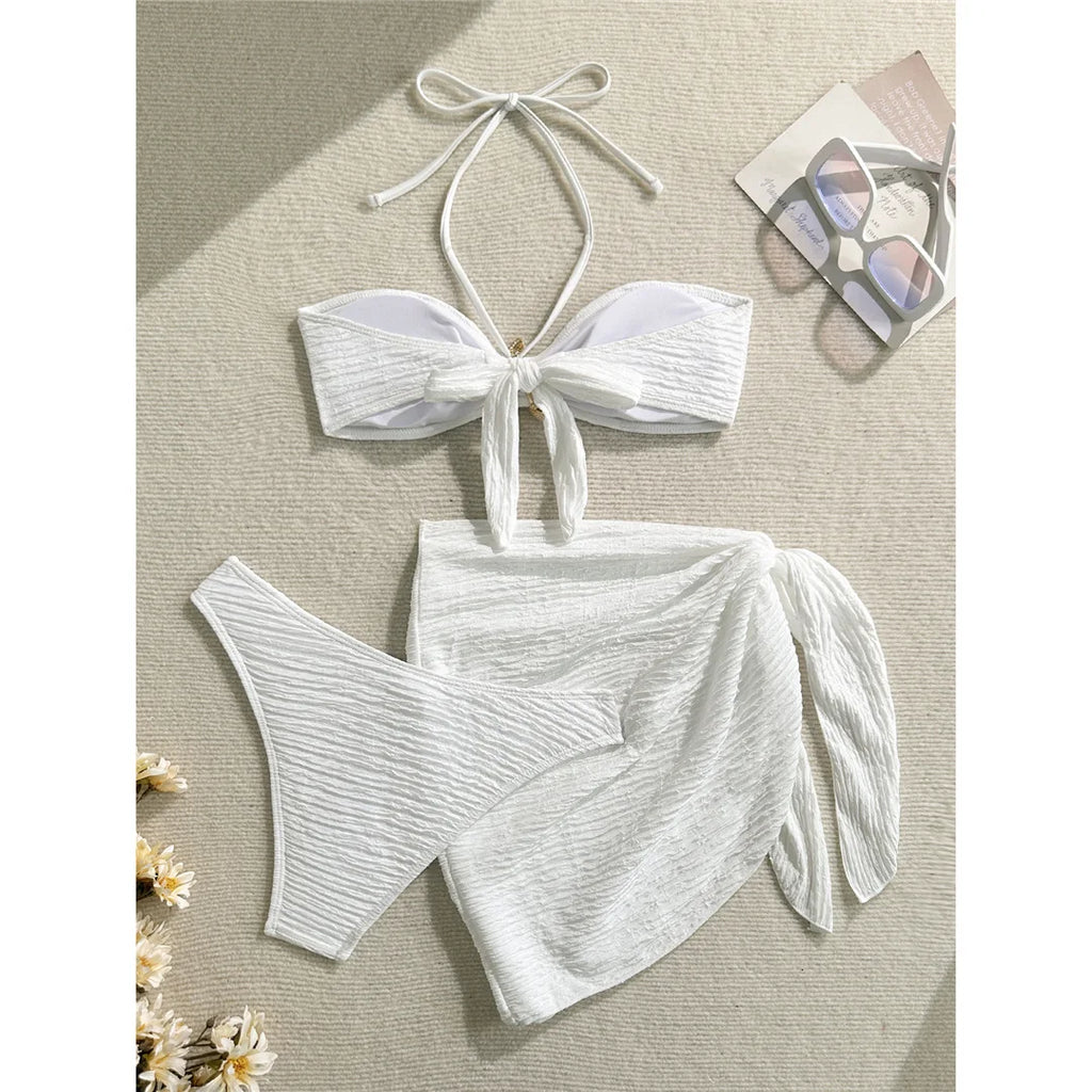 3PCS With Sarong Metal Star Halter Bikini Female Swimsuit Women Swimwear Three-Pieces Bikini Set Bather Bathing Suit Swim V7042