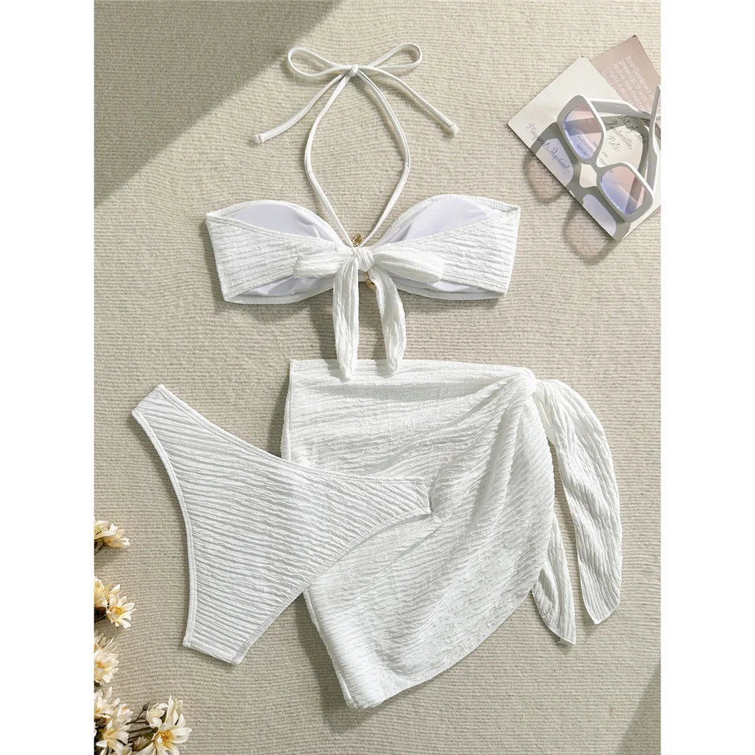 3PCS With Sarong Metal Star Halter Bikini Female Swimsuit Women Swimwear Three-Pieces Bikini Set Bather Bathing Suit Swim V7042