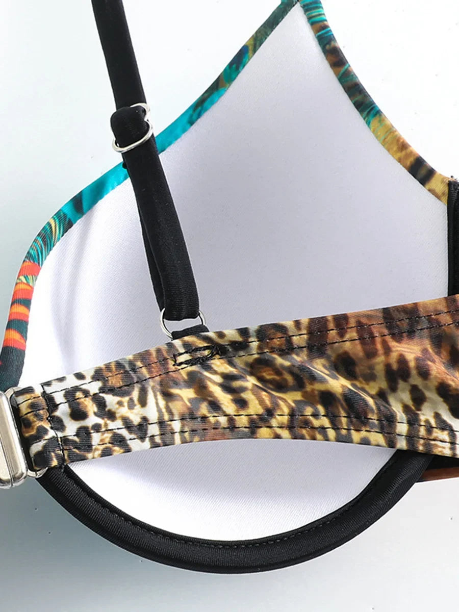 Peacock Leopard Printed Underwired Bra Cup Bikini Women Swimwear Female Swimsuit Two-pieces Bikini Set Push Up Bathing Suit Swim