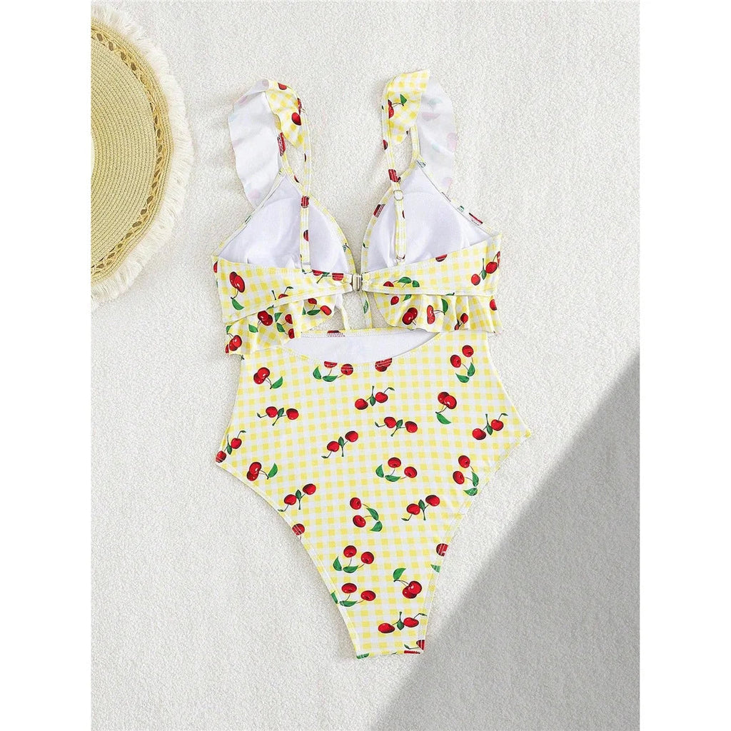 S - XL Cherry Printed Plaid Cut Out One Piece Swimsuit Women Swimwear Female Frilled High Leg Cut Bather Bathing Suit Swim V7557