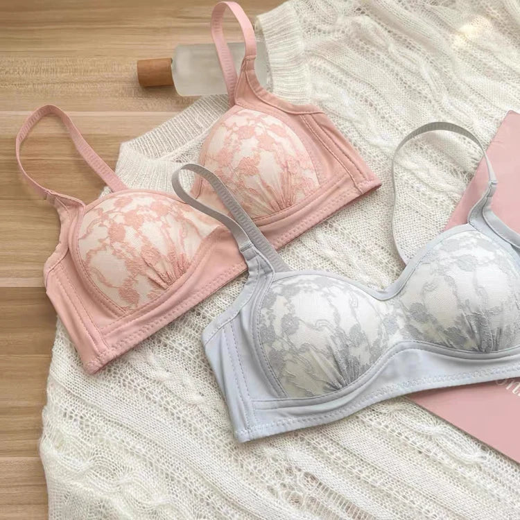 Summer Lace Half Cup Bra Small Bust Beachwear Gathering Light Support Pure Bralette Ultra Thin Wirefree Set AU MOYISU S-XL-32-38