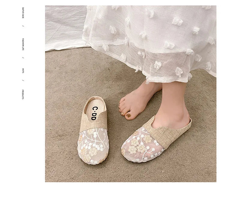 Breathable Mesh Linen Slippers For Women Summer Flat Shoes Anti-slip Female Indoor Outdoor Slides Office Lady Walking Sandals