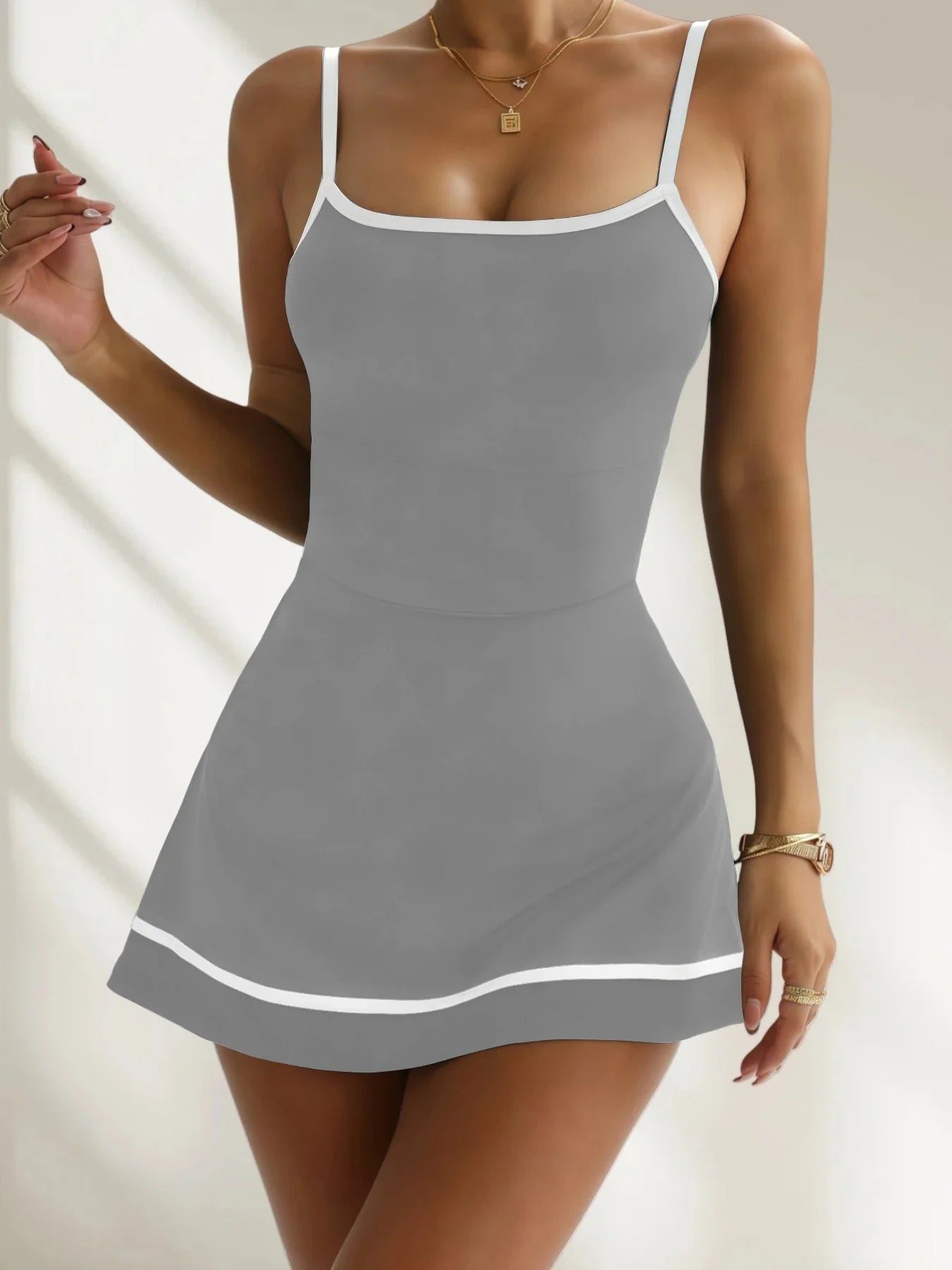 Women's color blocked camisole dress hanging sleeveless thickened tennis sportswear slim fit gym sportswear short skirt