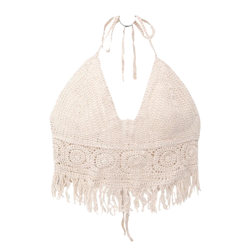 Boho Crochet Halter Top for Women Summer Beach Knit Crop Top with Tassels Backless Sleeveless Bralette