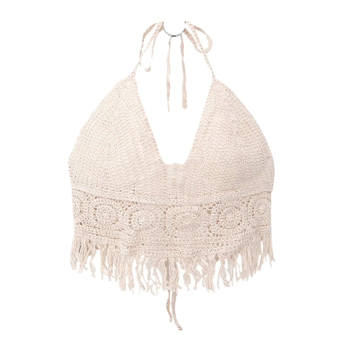 Boho Crochet Halter Top for Women Summer Beach Knit Crop Top with Tassels Backless Sleeveless Bralette